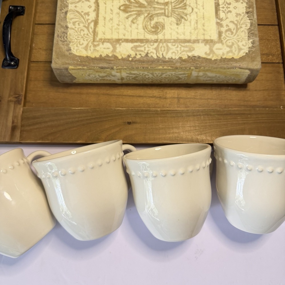 Pottery Barn Emma Off White Beaded Rim Coffee Mugs Set of 4 Made in Portugal
